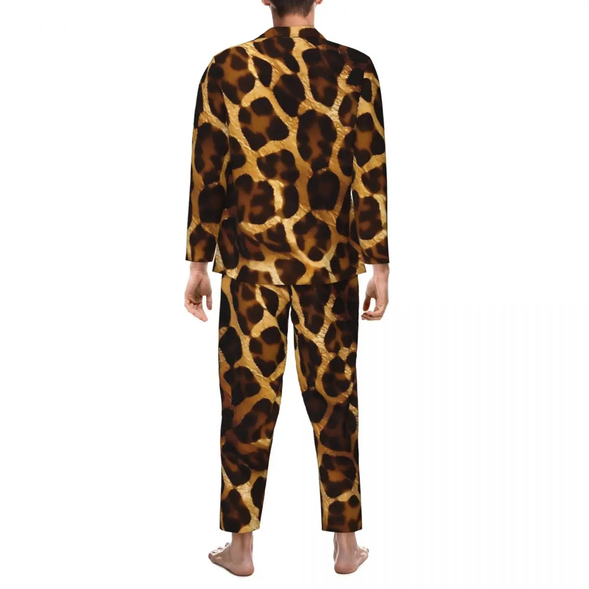 Gouden Giraffe Print Kunstwerk Pyjama Sets Kawaii Nachtkleding Mannen Lange Mouw Casual Dagelijks 2-delig Nachtkleding Plus Size 2XL