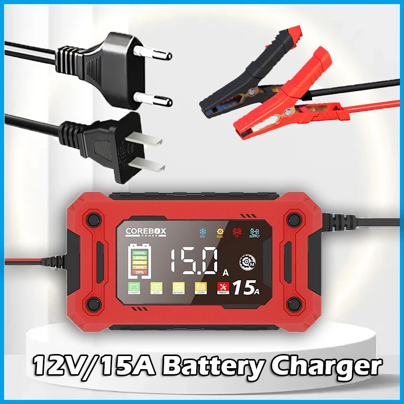 

Car Smart Battery Charger 12V 15A Car and Motorcycle Battery Charging Equipment Lead Acid LiFePO4 Battery Repair LCD Display