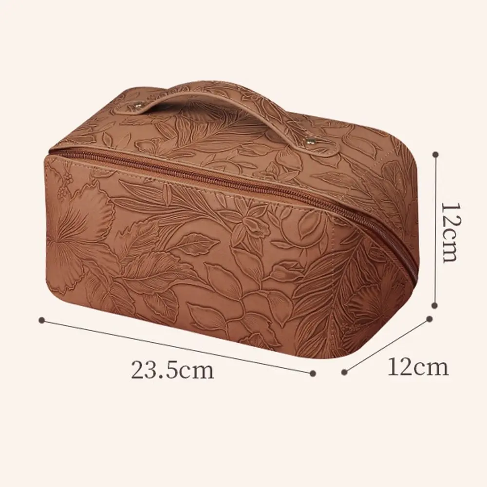 Borsa cosmetica da viaggio in pelle PU a prova di schizzi portatile piatta Vintage goffrata 3D borsa per il trucco di grande capacità