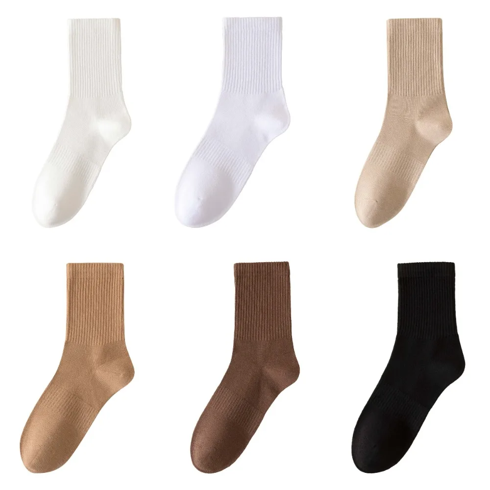 

6Pairs Casual Simple Cotton Socks Wear-resistant Soft Medium Tube Socks High Elasticity Sweat-absorbing Solid Color Socks School