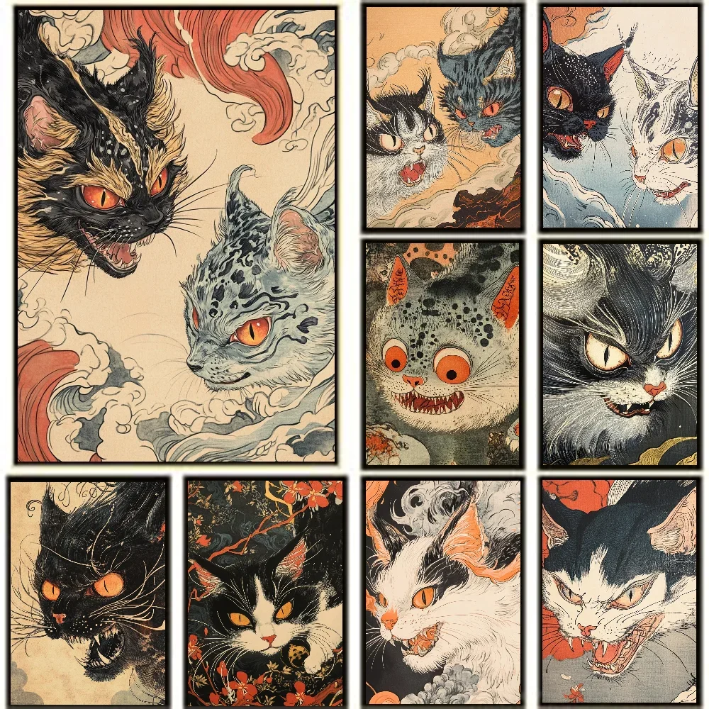 1PCJapanese Horror Legend Scary Cat Poster Poster Stickers Art Wall Murals Decor Game Room Decor Kawaii HD Painting Cat Cars