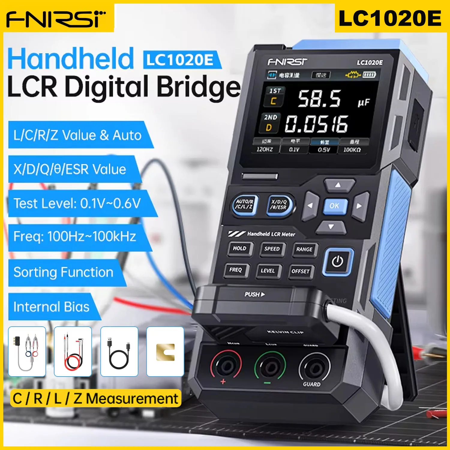 FNIRSI LC1020E أداة محمولة عالية الدقة، شاشة TFT LCD مقاس 2.8 بوصة، تحديد المكونات الذكية، وضع الفرز والمقارنة
