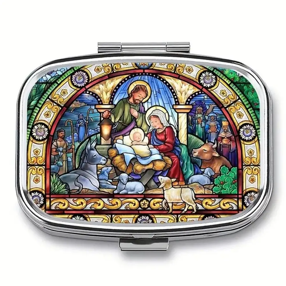 

1pc Stained Glass Nativity Metal Pill Box, 2-Compartment, Virgin Mary & Jesus Design, Food-Safe, Portable Travel Gift