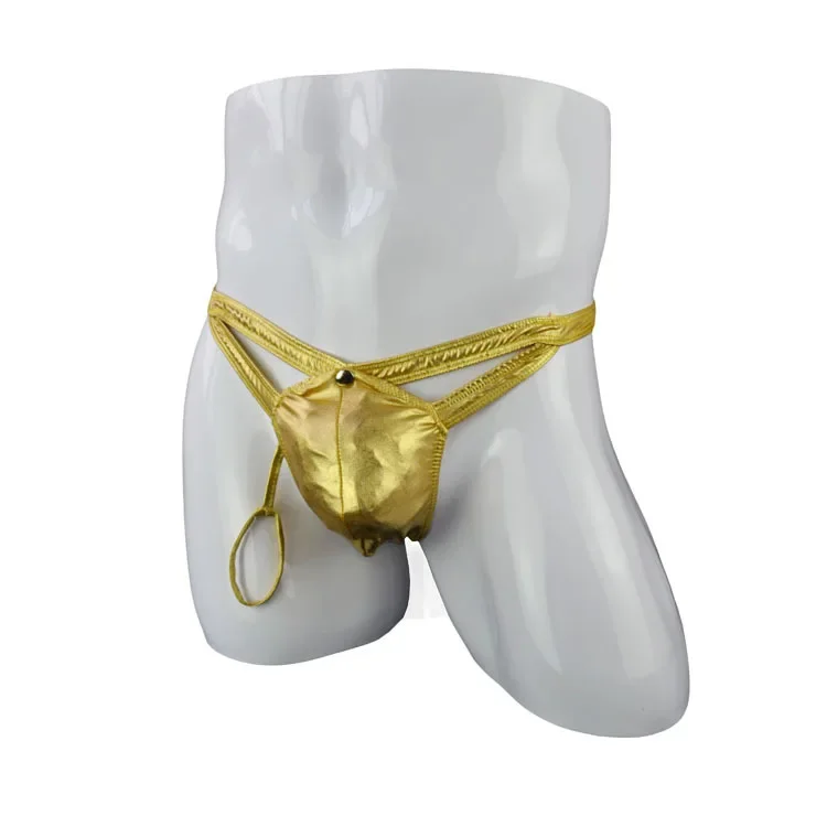 لامعة فو الجلود T الظهر ثونغ للرجال المثيرة سلسلة بيكيني سيسي مثير منخفضة الارتفاع U محدب الحقيبة مرونة جوفاء عارية الذراعين g-سلسلة