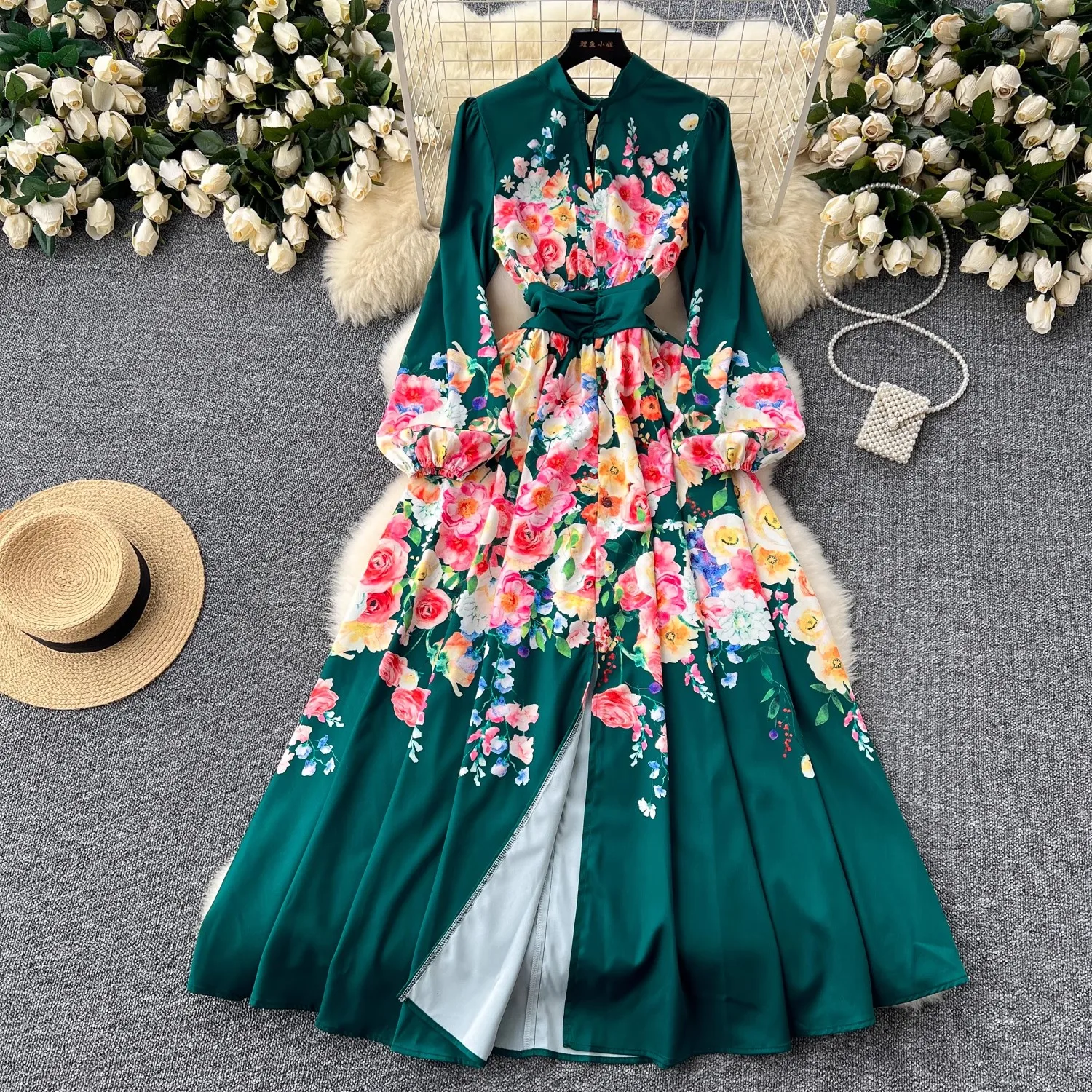 

Autumn Vintage Flower Maxi Dress Women's Lantern Sleeve O-Neck Bow Zipper Back A-Line Floral Print Split Long Robe Vestidos 2546