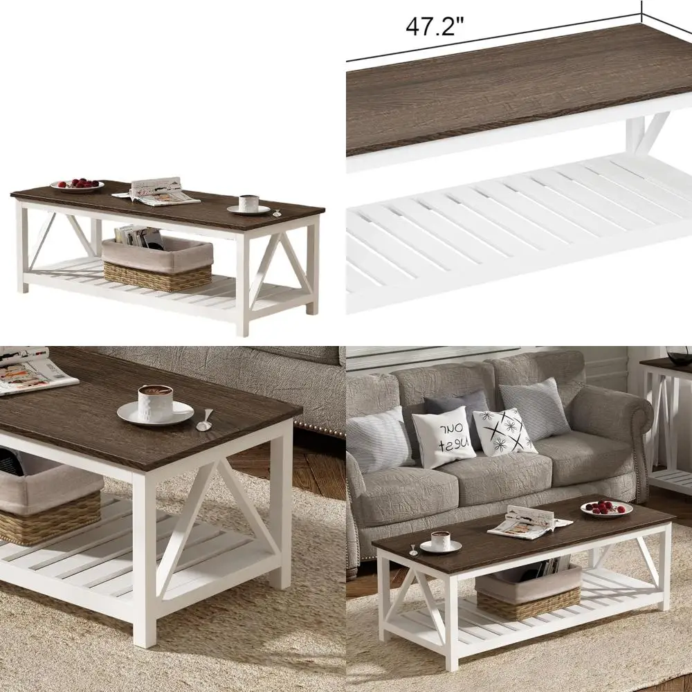

Vintage Rustic Farmhouse Coffee Table with Shelf, 47 White Living Room Furniture