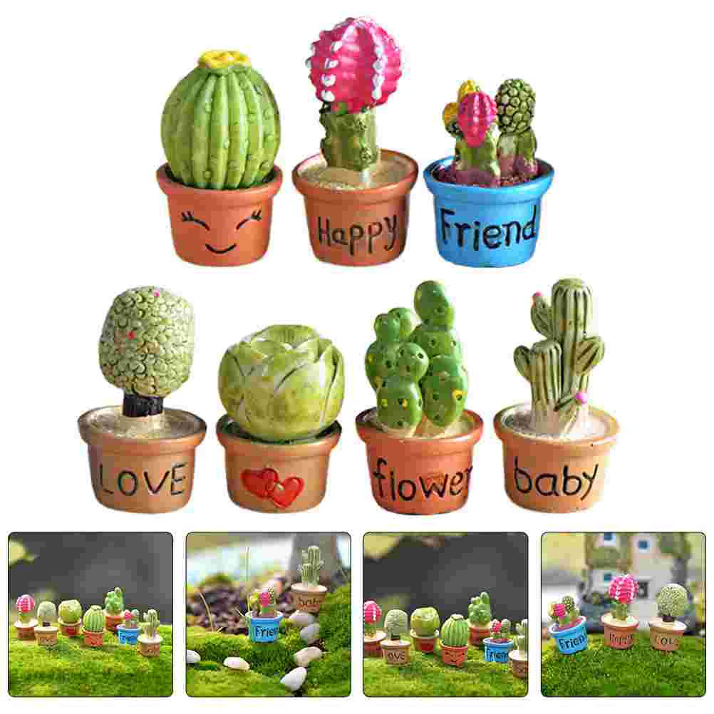 7 Pcs Toy House Miniature Plants Figurines Decoration Moss Tiny Pots Car Interior Ornaments Flocking Cactus Potted Office