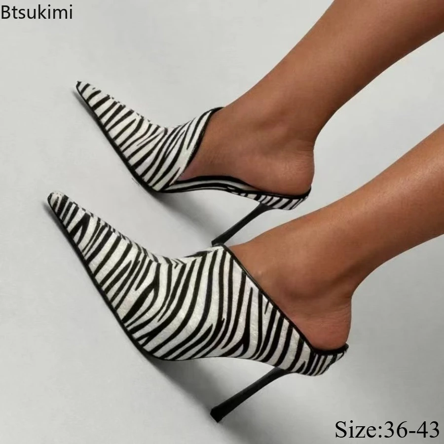 Damen Spitze Zebramuster Feine High-Heel-Mueller-Schuhe Seitlich Ausgehöhlte High-Heel-Schuhe Elegante Party-Schuhe mit Flachem Absatz
