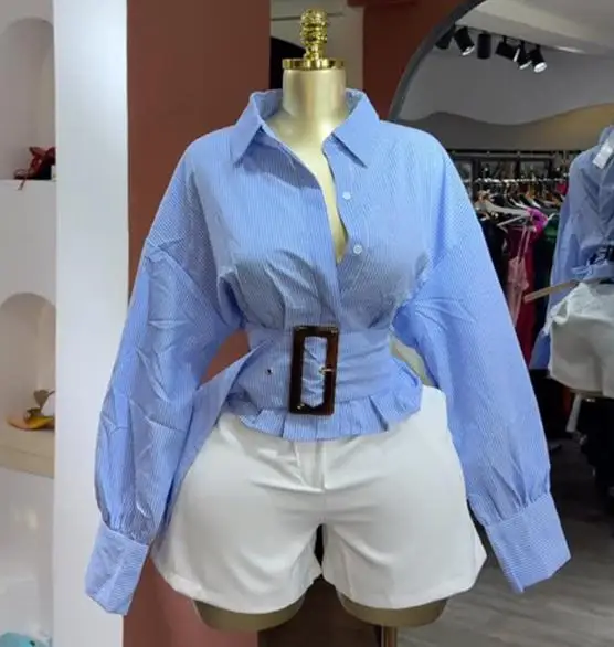 

Women's Shirt Spring and Summer New Fashion Korean Elegant Style Striped Print Lapel Button Front Waistband Long Sleeved Shirt