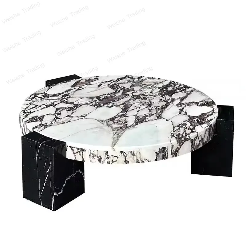 100 Pure Luxury  Marble Round Top Coffee Table With Black  Marble Leg for Home Living Room