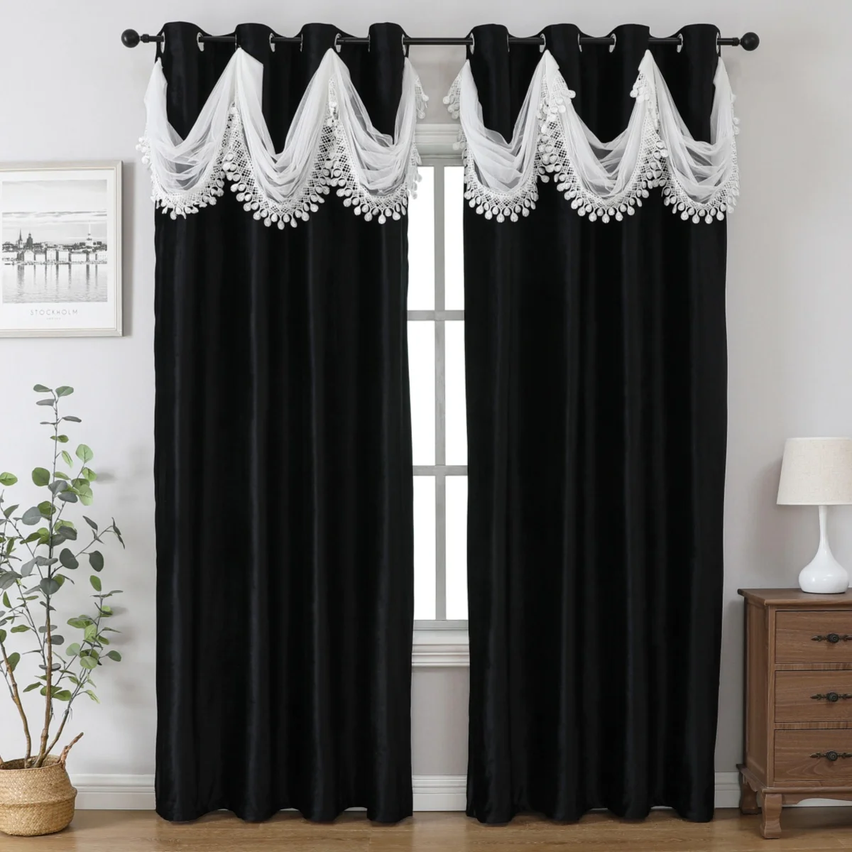 

Элегантная двухслойная занавеска с волнистыми волнами, дизайн с верхним отверстием для простой установки, подходит для декора гостиной или спальни