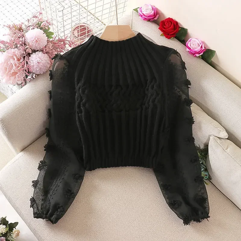 Half High Collar Sweaters Jumper Pink Twists Sweater Bubble Sleeves Sweet Flowers Knitted Tops Sueter Mujer Chiffon Shirt Chic