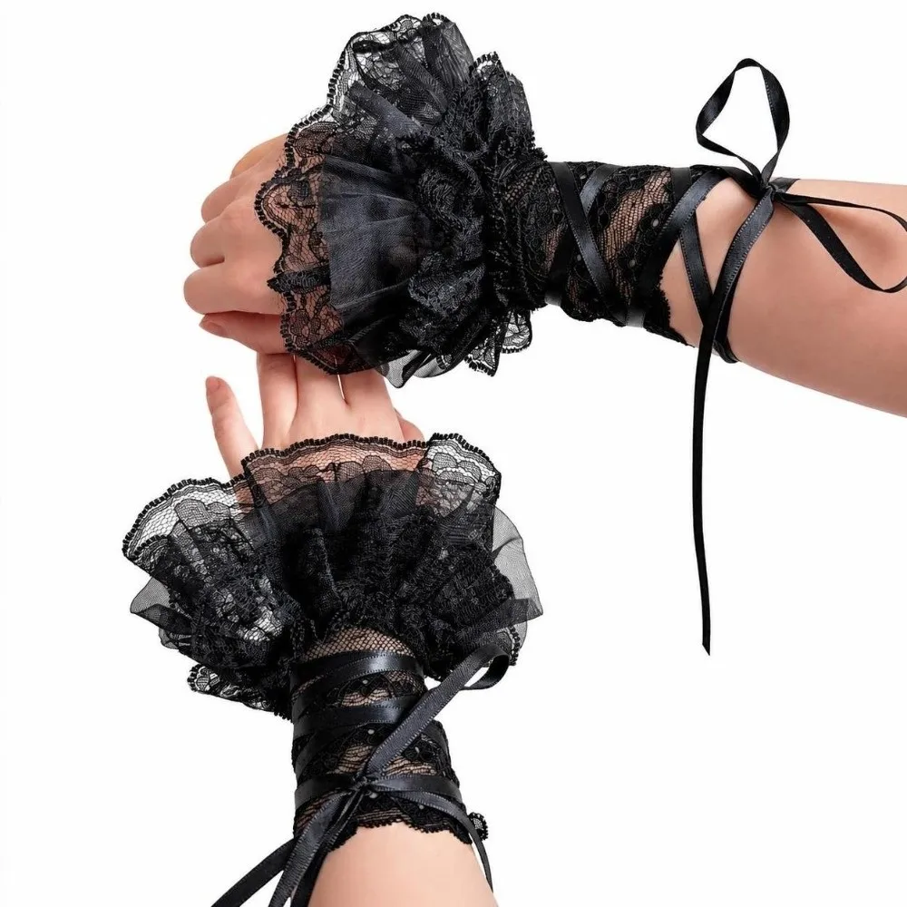 Ruffled Lace Women's Fingerless Gloves Ribbon Tie Floral Pattern Wrist Cuffs Elastic Band Lolita Style Fake Sleeves
