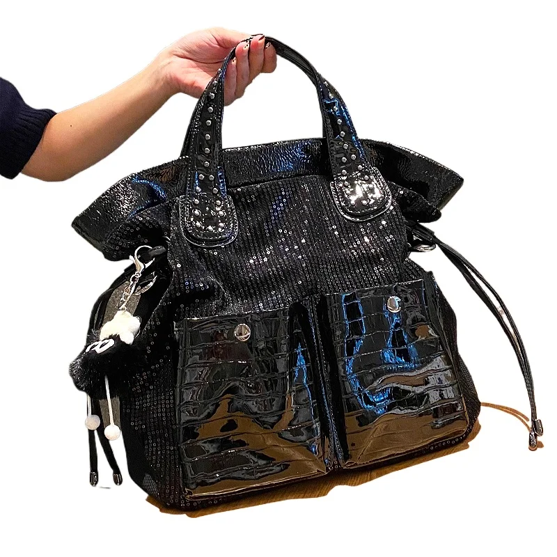 Sequine Handbag Women Korean Large-capacity Bolsas De Mujer Mesh with Leather Crossbody Back Pack Luxury Ita Bag