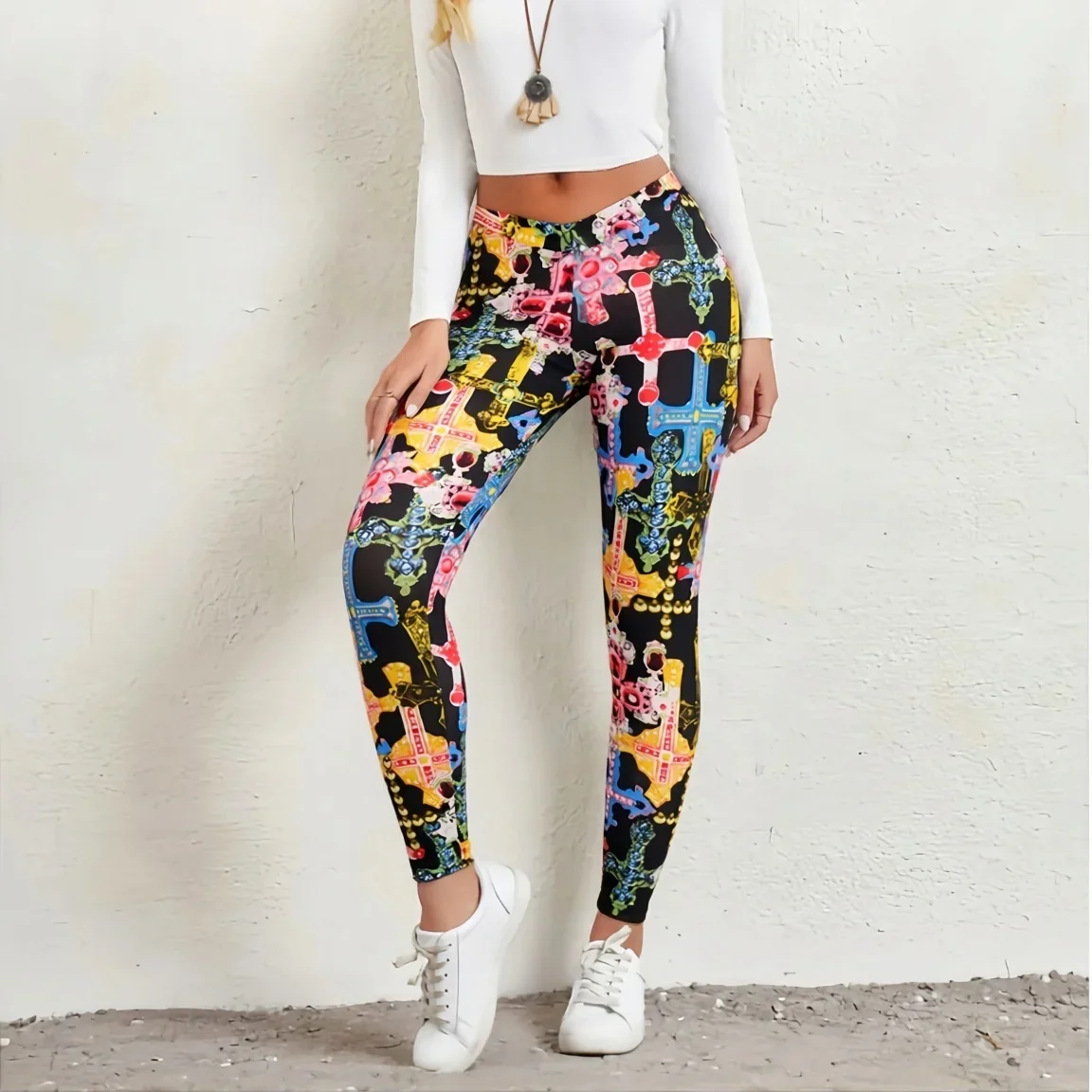 Women's High Waist Printed Leggings Baroque Vintage Geometric Pattern Stretchy Workout Yoga Pants