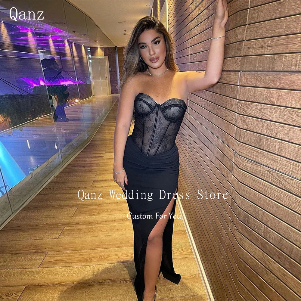 

Qanz Sexy High Slit Evening Dresses Strapless Lace Black Mermaid Satin Vestidos Para Eventos Especiales Evening Luxury Dress