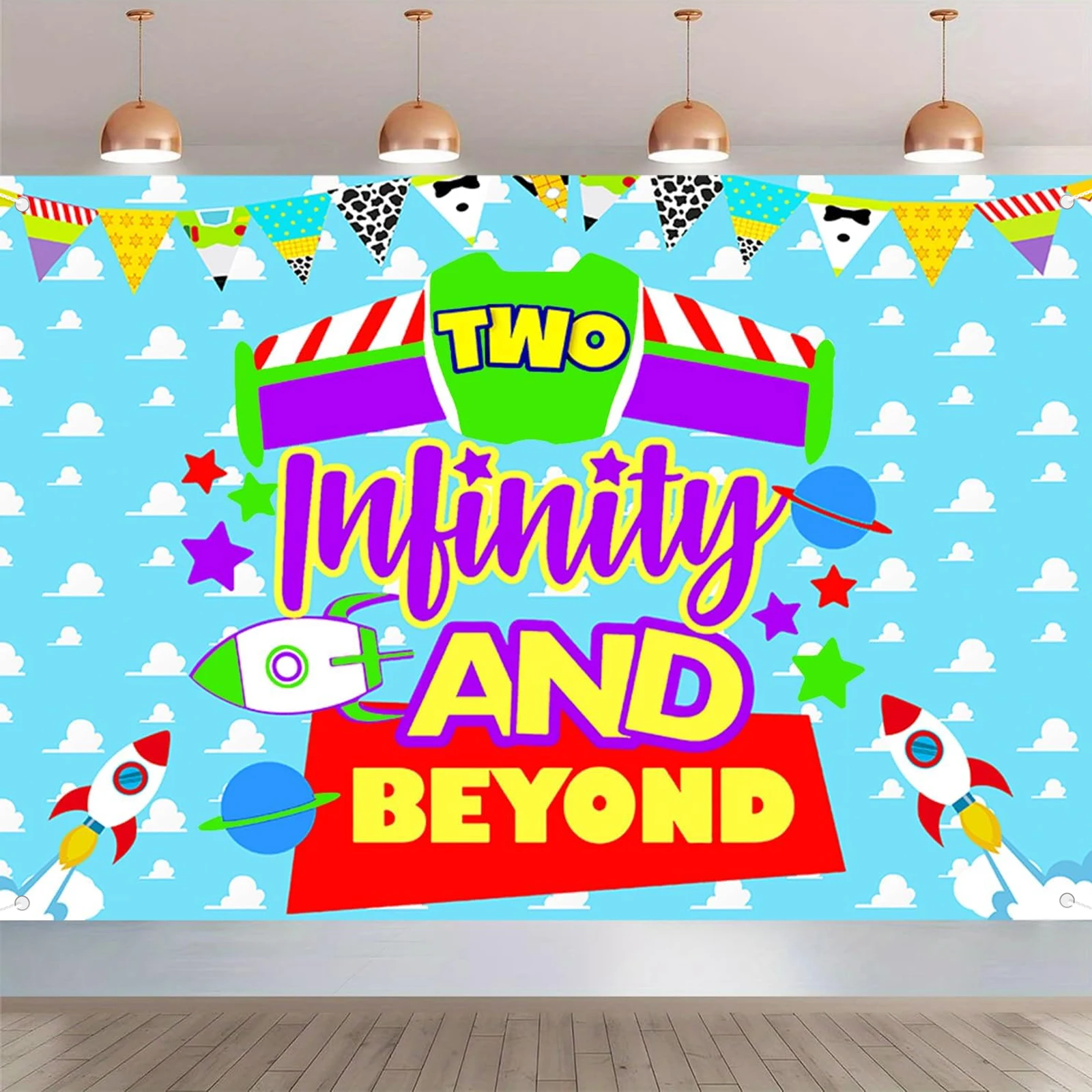 Blue Clouds Cartoon Story 2nd Birthday Party Banner Backdrop 2 to infinity and Two Beyond Bday Decorations Party Supplies for Bo