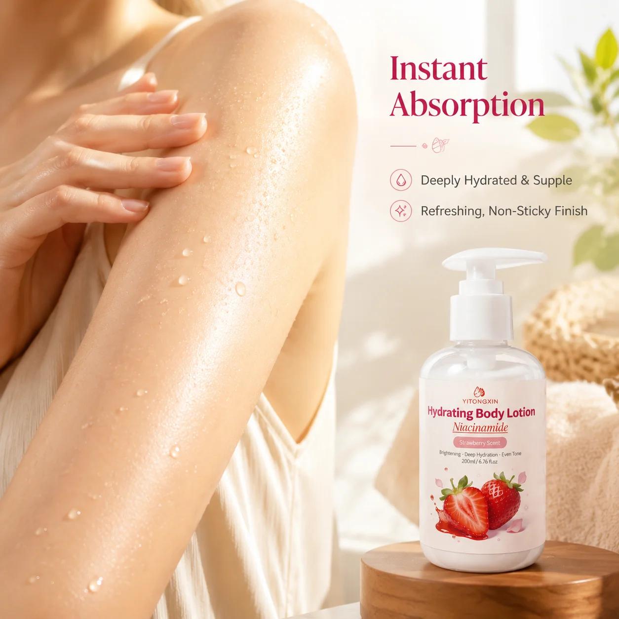 Niacinamide Body Lotion Strawberry Scent 200ml Hydrating Brightening Deep Moisture Even Tone Fast Absorbing Skin Care