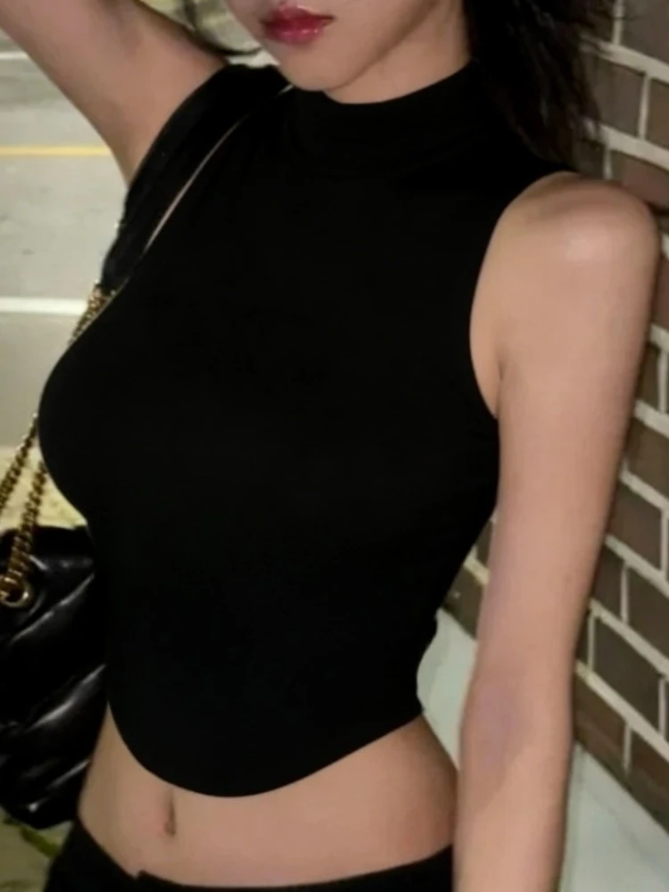 2026 Summer High Neck Sleeveless Women Tank Top  Korean Version Cinching Waist Solid Slim Sexy Crop Top Inner Wear Camisole
