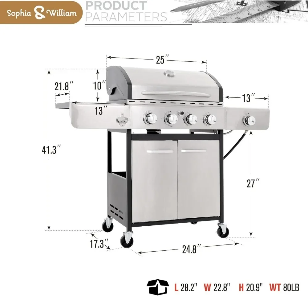 Sophia & William 4-Burner Gas BBQ Grill with Side Burner and Porcelain-Enameled Cast Iron Grates 42,000BTU Outdoor Cooking