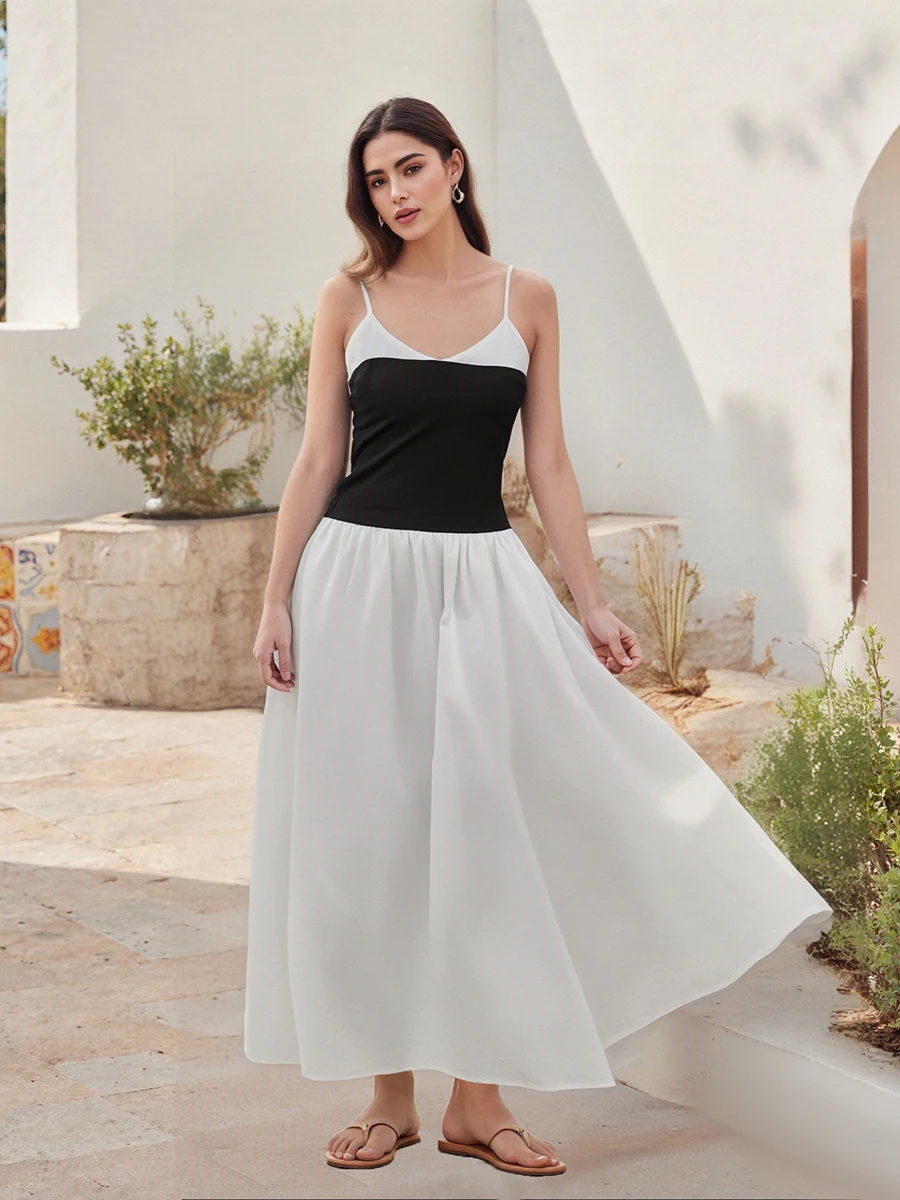 

Women Summer Spaghetti Strap Dress Casual Contrast Color V-Neck Sleeveless A-Line Party Dress for Beach Streetwear