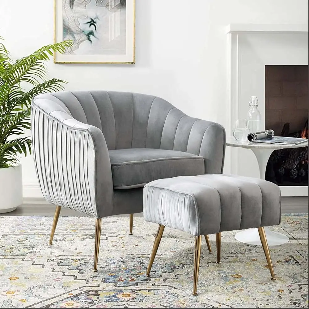 Velvet Ottoman Bench, Modern Foot Stool Rest, Trapezoid, Golden Finished, Grey