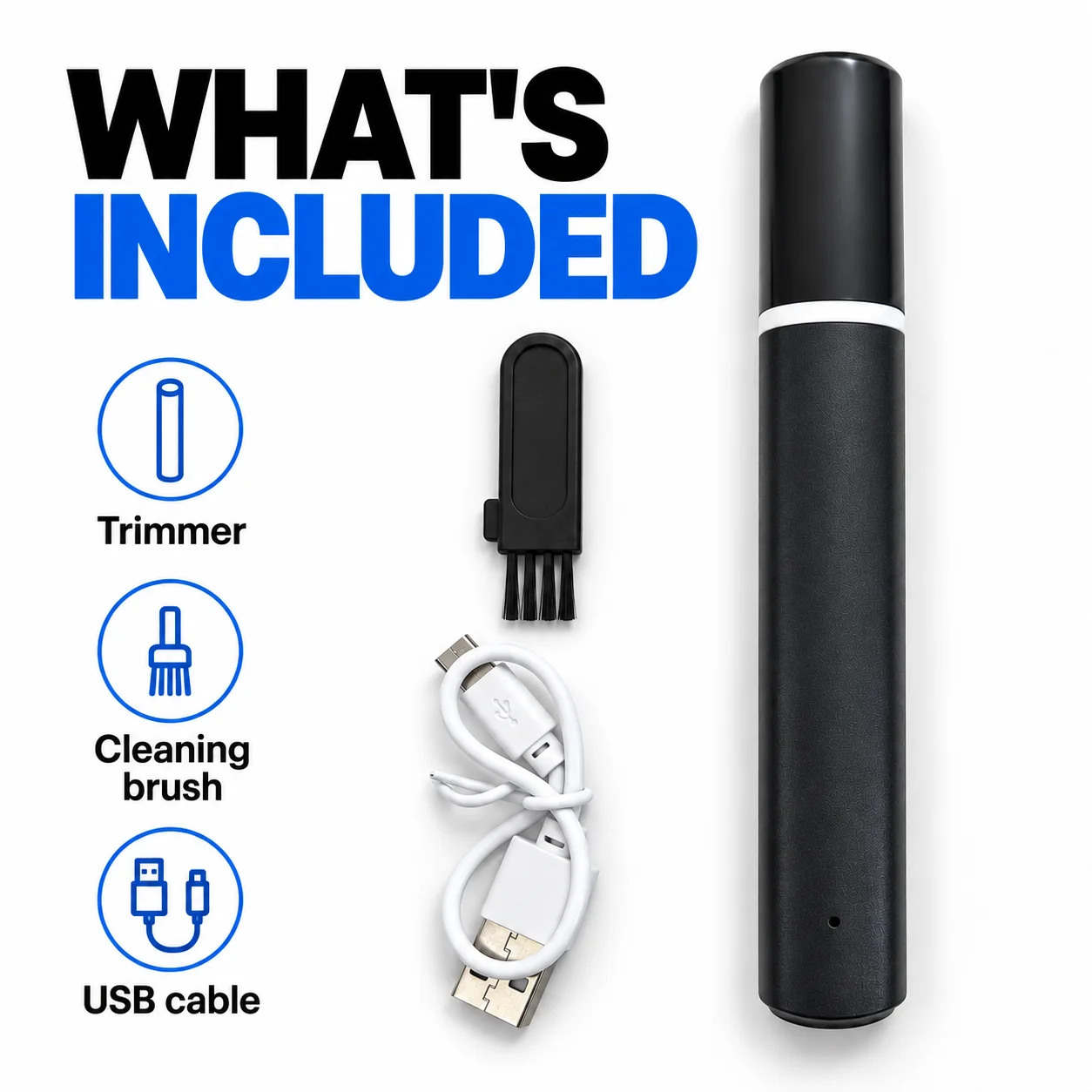 Electric Nose Hair Trimmer, Type-C Rechargeable Men's Pen-Shaped Nose Hair Trimmer, Black Matte Pen Body with White Decorative Ring, Portable for Trimming Nose Hair and Ear Hair, Comes with Cleaning Brush and Blade Pro