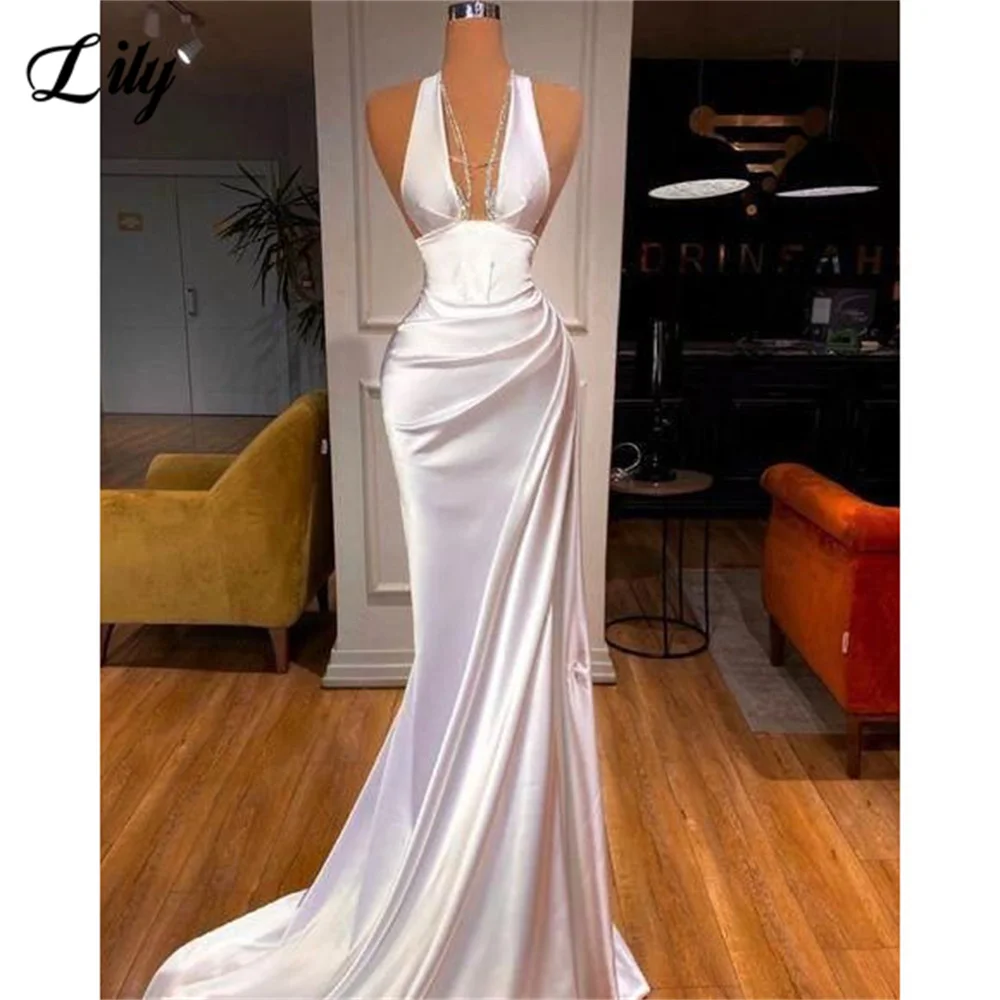 

Lily Sexy Hollow Out Backless Party Dresses Sleeveless V-Neck Prom Gown for Woman Silk Satin Side Slit Ball Gown فساتين السهرة