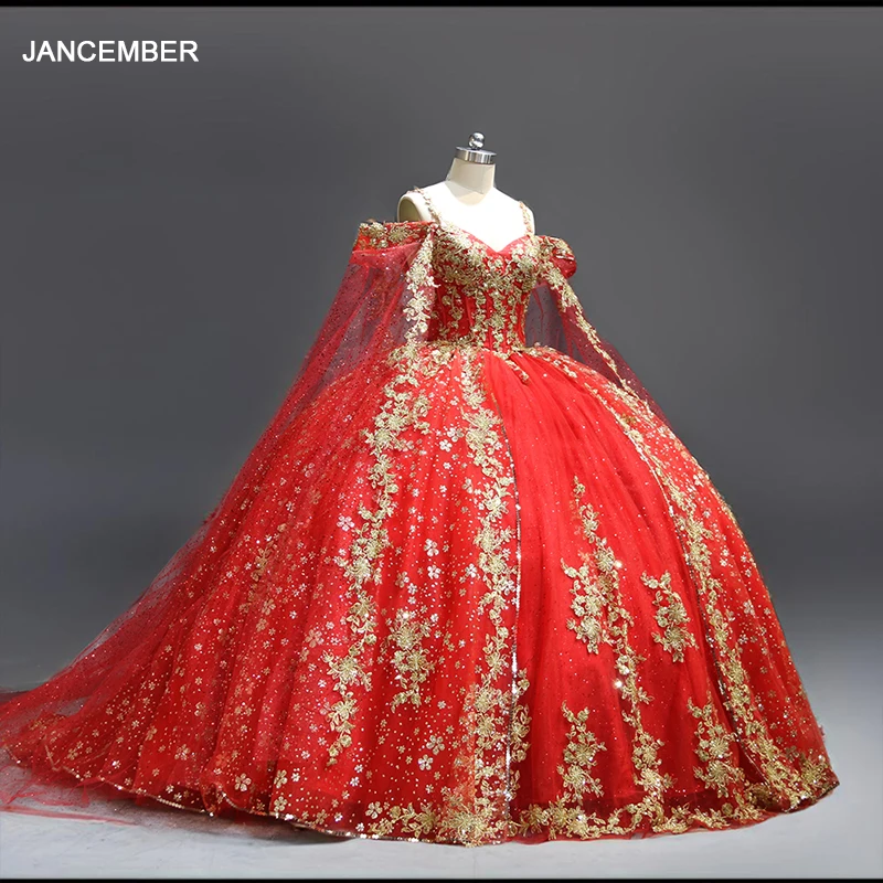 Red Quinceanera Dresses Cape Sleeve Brithday Dance Party Sequins Ball Gown Lace Up vestidos de 15 quinceañera WC017