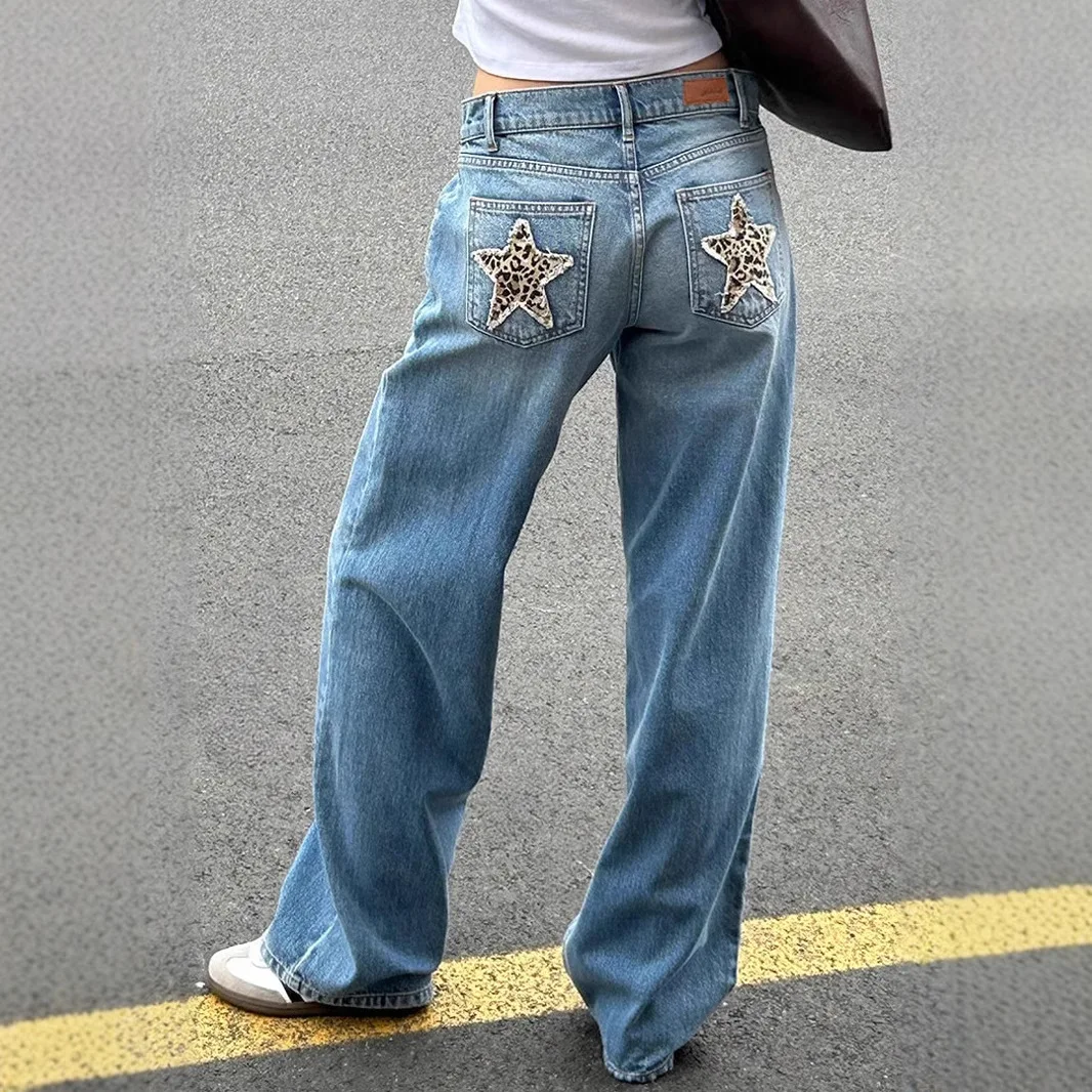 

Denim Belt Leopard Print Star Patch Women's High Waist Straight Legs Jeans Fashion Clothing Cleaning Blue Pants Vintage Trousers