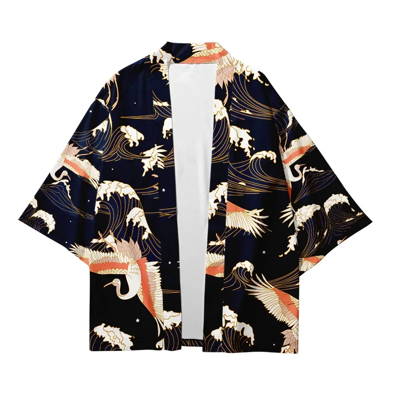 Japanese Crane Wave Print Haori Kimono Cardigan Unisex Short Sleeve Open Front Yukata Harajuku Streetwear Beach Cover Up Coat