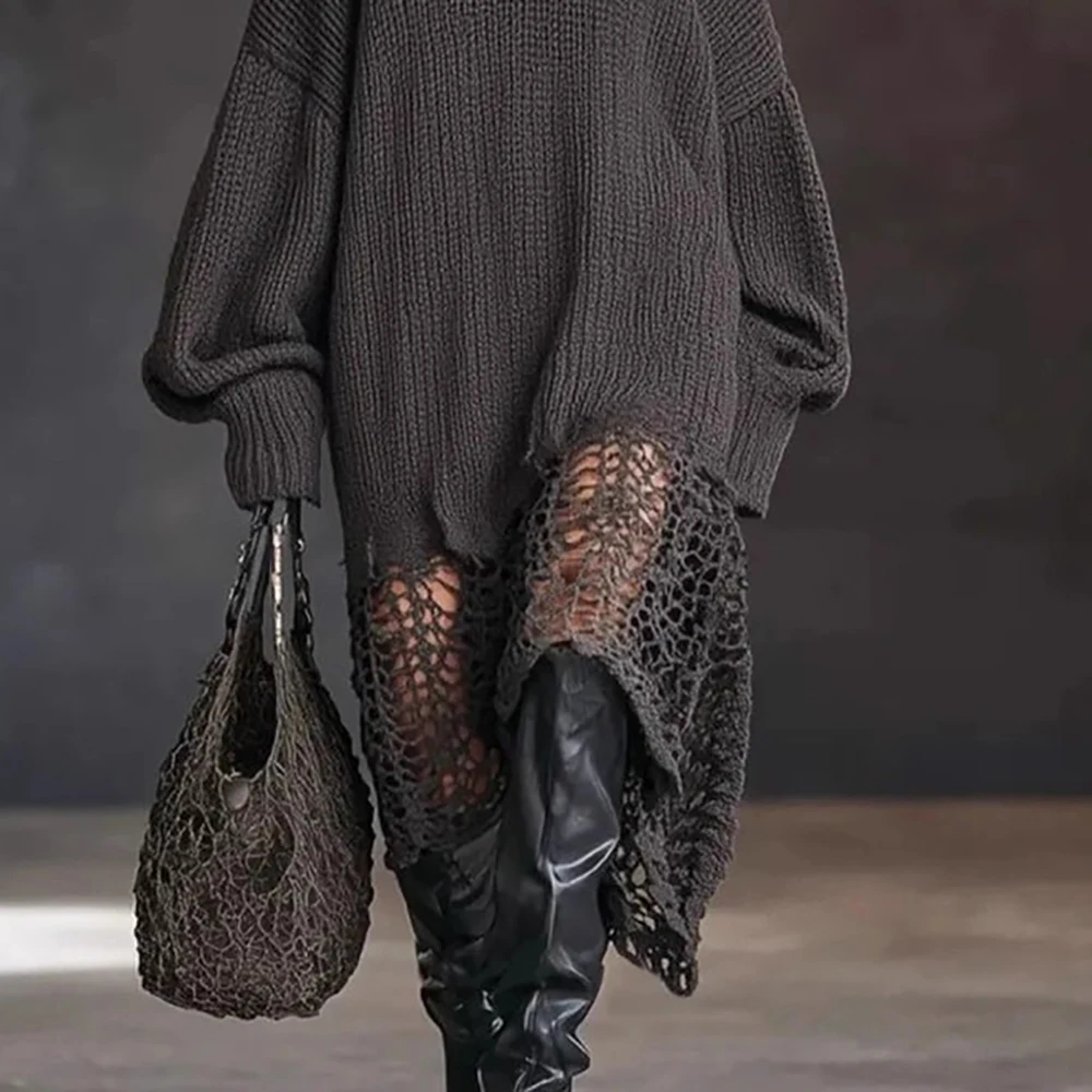 Women Oversized V Neck Knit Sweater Dress Loose Long Sleeve Distressed Pullover Irregular Hem Vintage Streetwear Jumper  Dresses