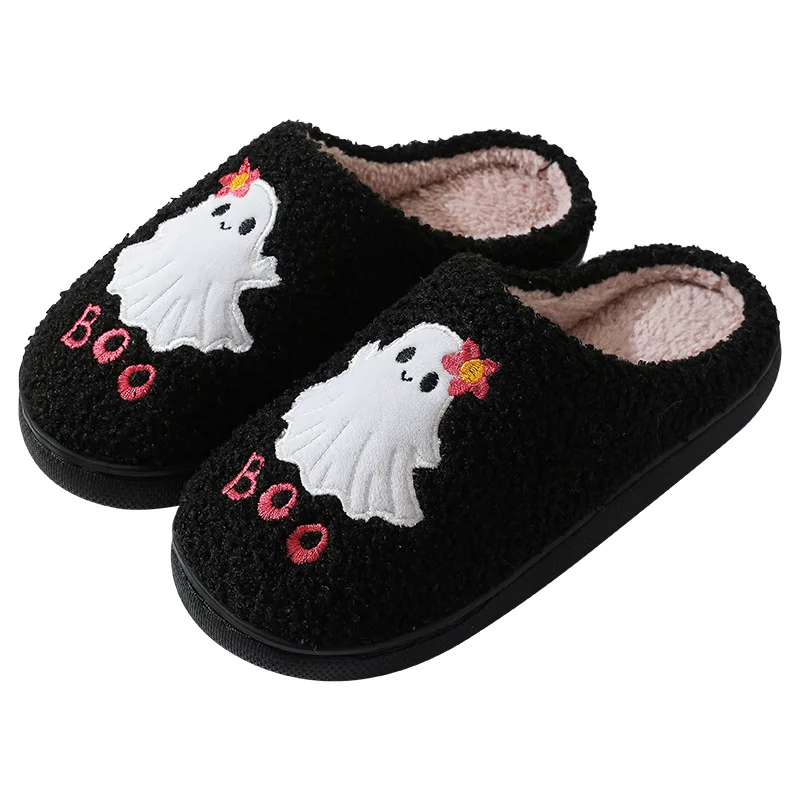 Halloween Ghost Plush Slippers Closed Toe Slippers Anti Slip Soft Furry Slipper Cute Spooky Slippers for Outdoor Indoor Bedroom