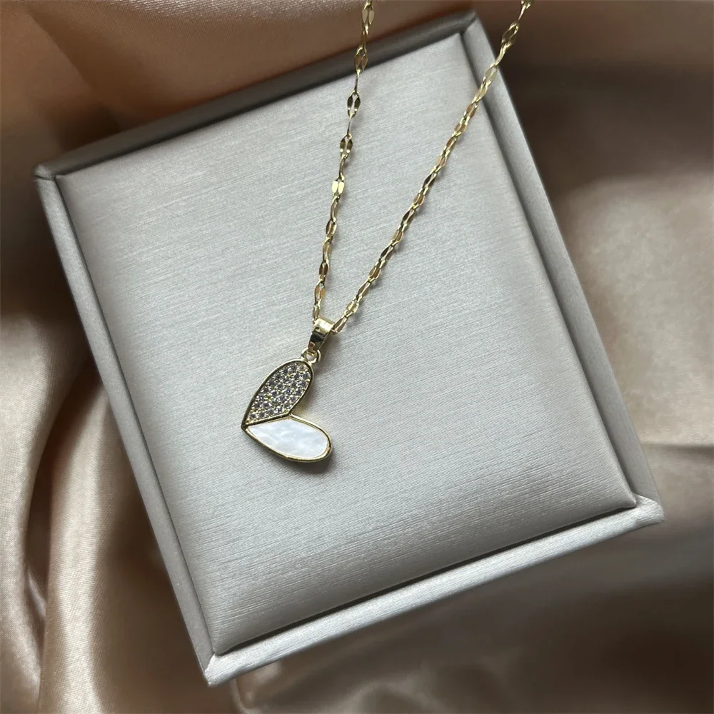 316 Stainless Steel Cubic Zircon White Shell Heart Pendant Necklace for Women Simple Tender Clavicle Chain Fashion Jewelry Gift