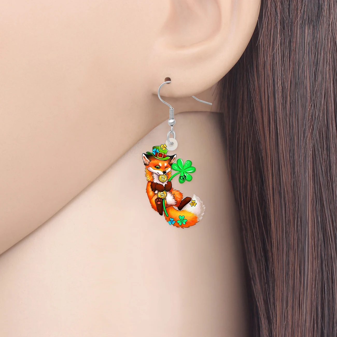 BONSNY Acrylic St Patricks Day Fox Earrings Green Shamrock Gold Coin Cartoon Animals Jewelry Good Luck Gifts For Women Girls