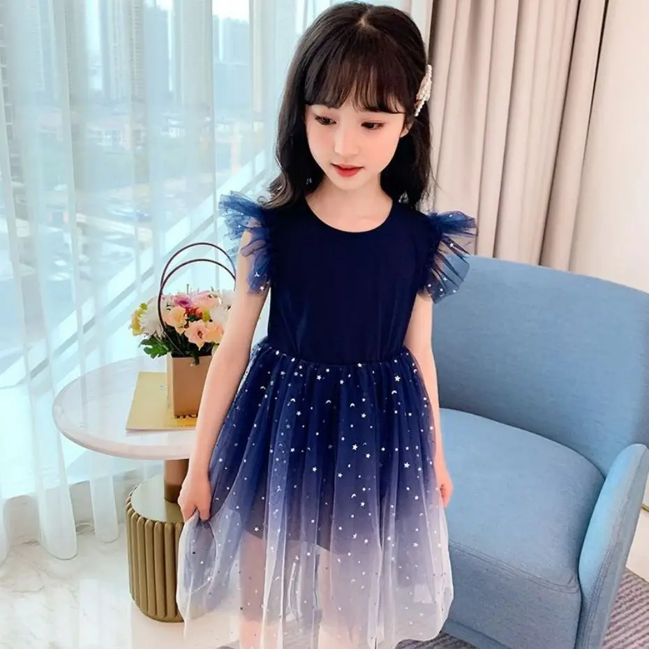 Big Girls Mesh Dress Star Pattern Kids Party Dresses For Girls Summer Children Dress Casual Style Girl Costume