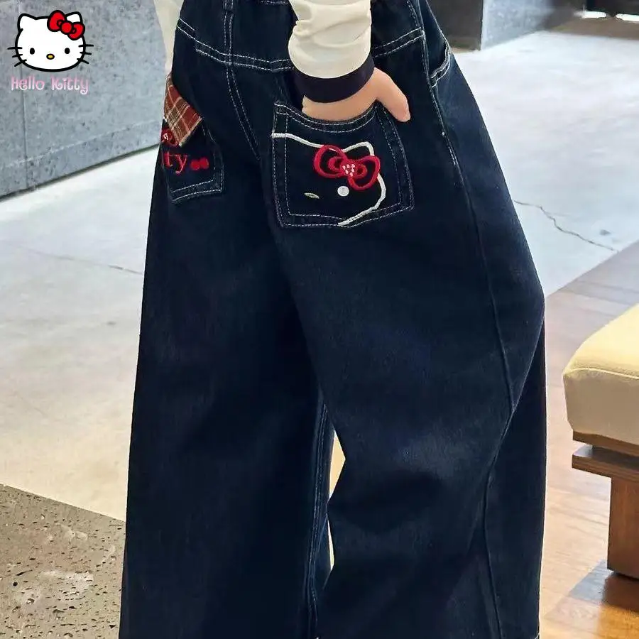 

2025 Cartoon Sweet Red Bow Embroidered Straight Leg Wide Leg Length Jeans Girl's Spring Autumn New Design Kawaii Fashion Leisure