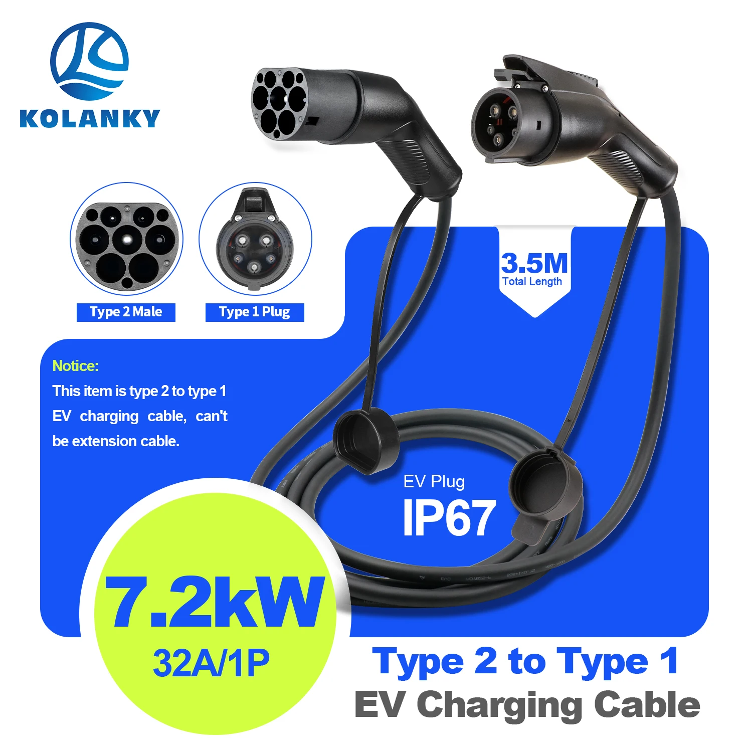 Kolanky كابل شحن EV محمول 32A 7.2KW نوع 2 إلى النوع 1 شاحن محطة عامة مركبة كهربية سيارات هجينة 3.5 متر #1