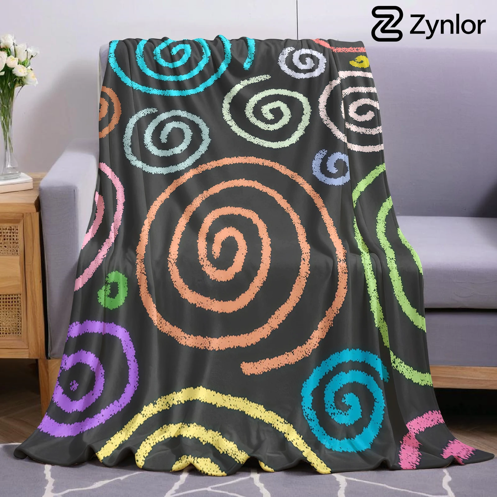 Colorful Spiral On Black Lightweight Microfiber Flannel Blanket Soft Warm Cozy Throw All Season for Bed Sofa Office Travel Gift