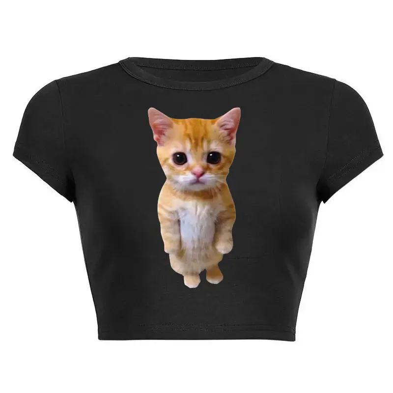 Summer Funny  Gato Meme Sad Crying Cat Munchkin Kitty Print Women y2k Harajuku TShirts Casual Cropped Navel  Top Tees