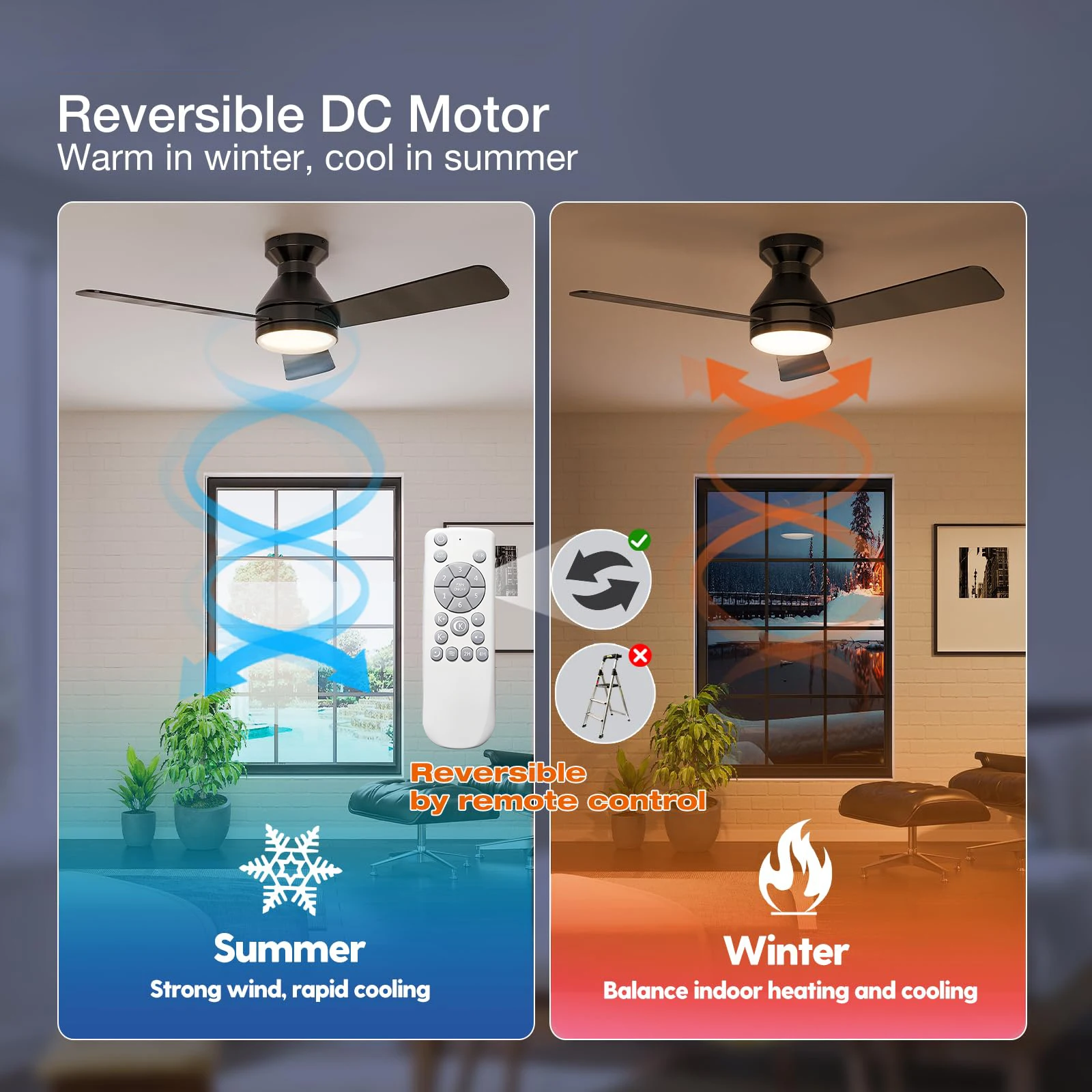 42/52 Inch Three Blade Large Fan Light 6 Speed Reversible Motor  Low Noise Energy Saving Minimalist Style LED Ceiling Fan Light