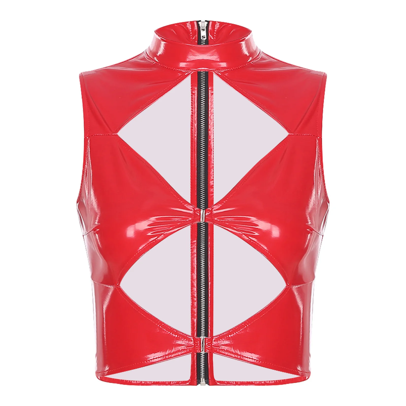 Regata feminina brilhante pu, regata frontal rhombic vazada sem mangas com zíper traseiro, colete fino para boate, raves, festa