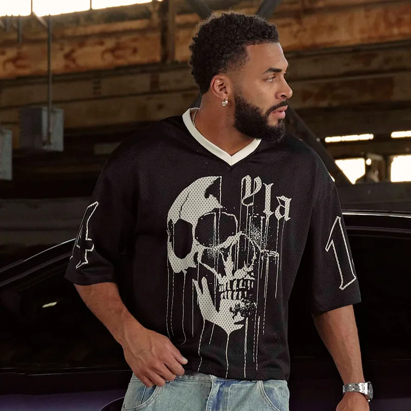 

Summer new YA Trendy Brand Super Large T-shirt Men Sports Fitness Quick drying Breathable Large Mesh Printed Short Sleeve Top