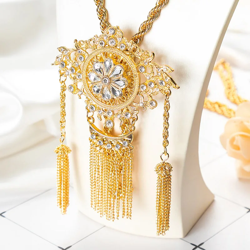 Fatima Algerian Wedding Bride Crystal Necklace Thick Tassel Sweater Chain Arab Caftan Gold Color Necklace Jewelry Free Shipping