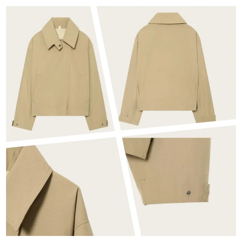 Women 2026 Spring Autumn Commuter Jacket Wide Lapel Cropped Trench Coat Adjustable Cuff Daily Casual Versatile Outerwear