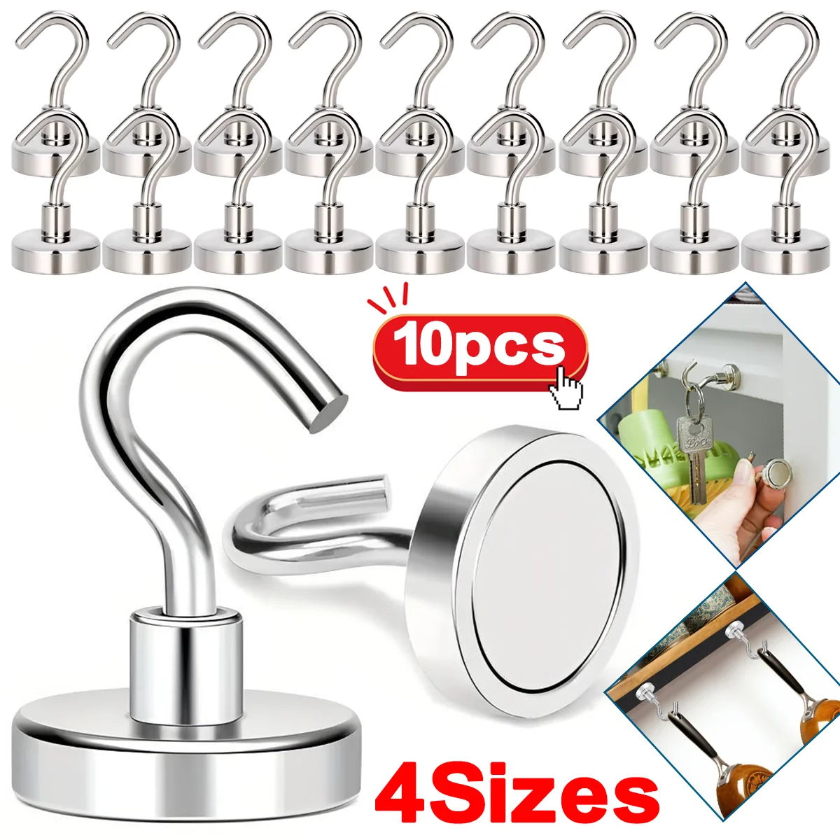10pcs Premium Stainless Steel Magnetic Hooks Multi-Purpose Home Kitchen Storage Hook Hole-Free Strong Magnetic Holder