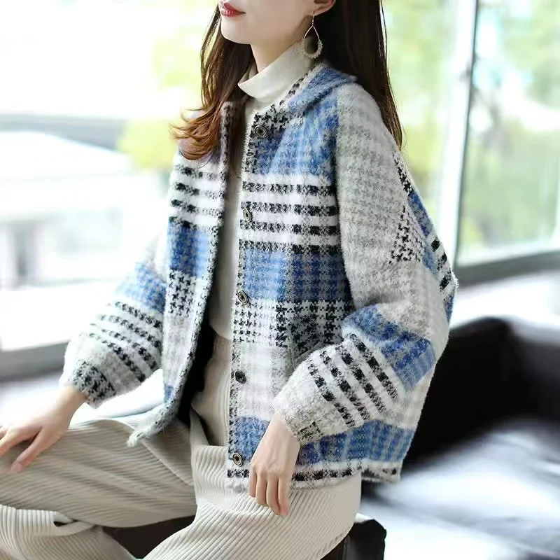 

Fall/Winter 2024 New Mink-Like Coat Woman Short Plaid Korean Outwear High Quality Overcoat Padded Gold Mink velvet Jacket Female