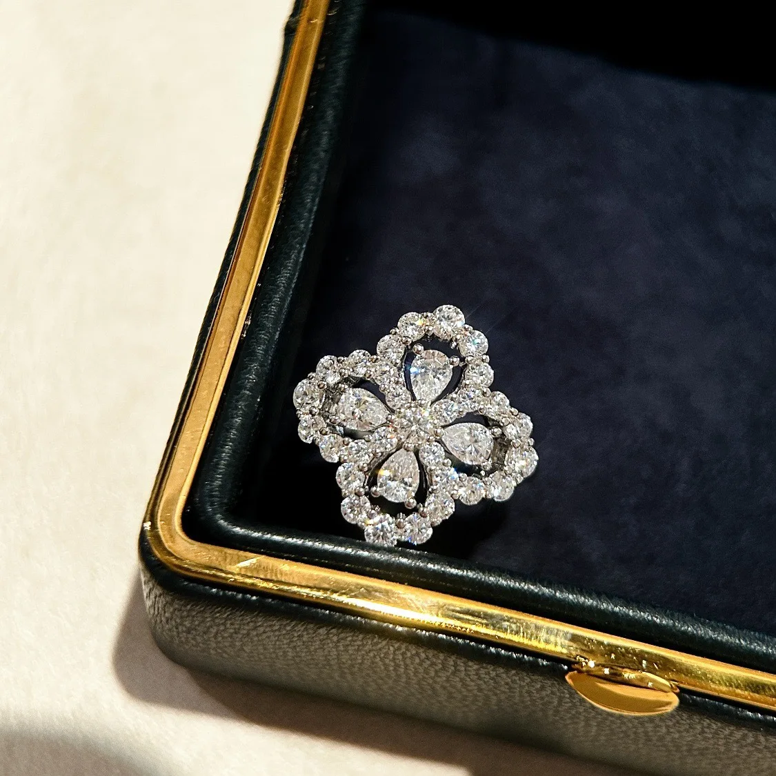 Trendy Real 925 Sterling Silver Statement Ring For Women Four Leaf Clover Openwork Pave Anniversary Gift Luxury Fine Jewelry