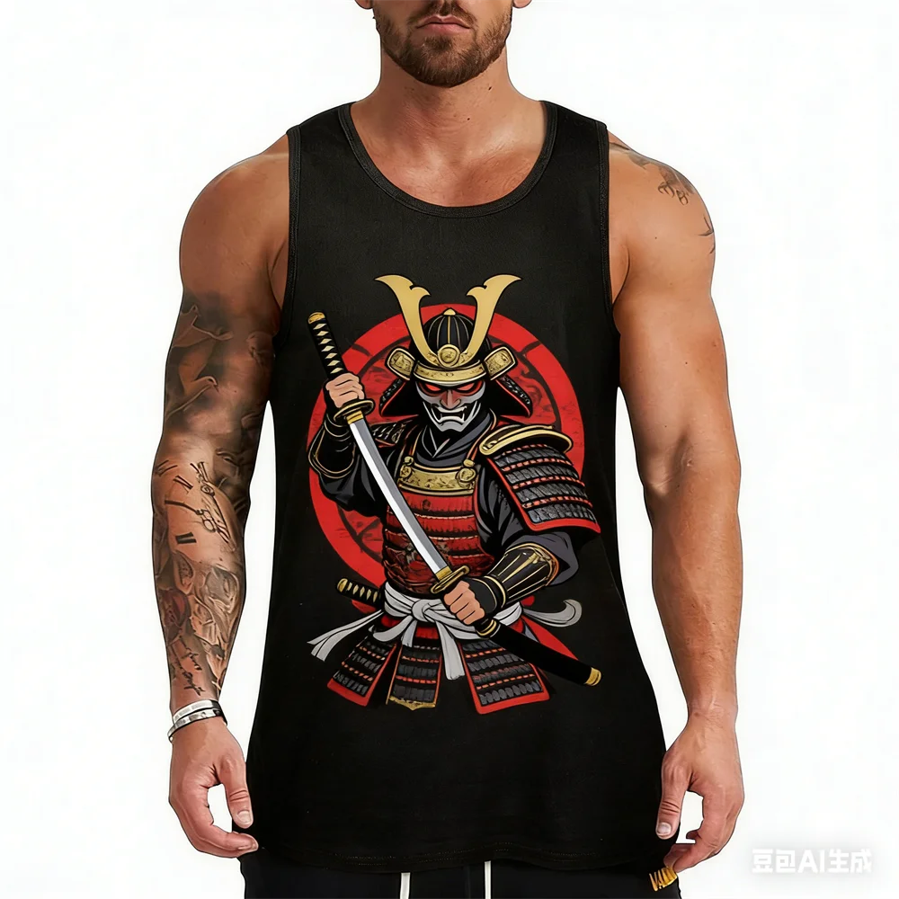 Japanese Samurai Pattern 3D Print Men's Vest Street Hip Hop Trend Tank Top Casual O-neck Sleeveless Shirt Summer Run Fitness Tee