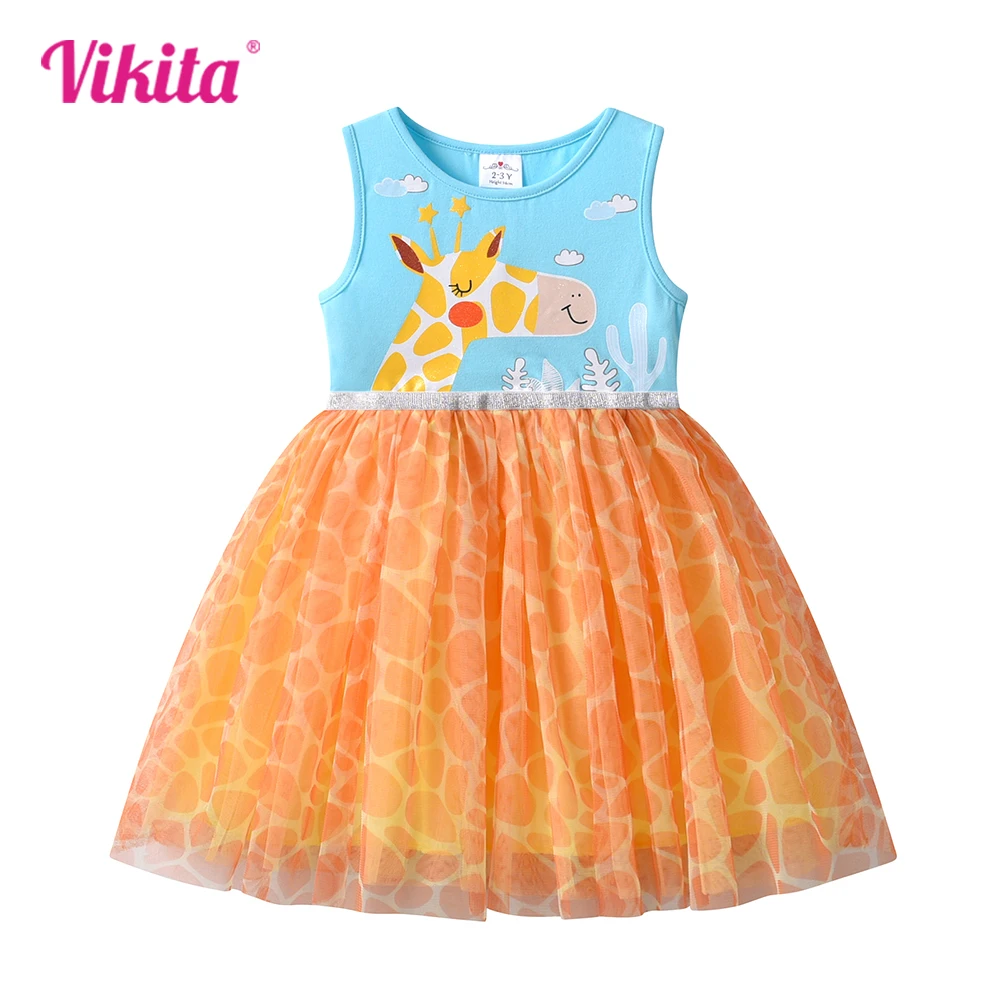 VIKITA Girls Sleeveless Summer Patchwork Dress Kids Giraffe Cartoon Print Infantil Vestidos Kids Mesh Tulle Party Casual Dresses